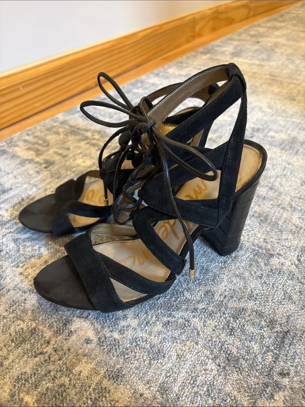 Sam Edelman Black Suede Lace-Up Block Heel Sandals